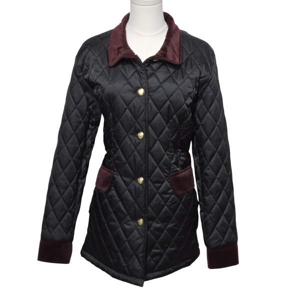 Vince Camuto Jacket Womens Medium Black Burgundy Quilted Button Coat Velvet Trim - Picture 1 of 16